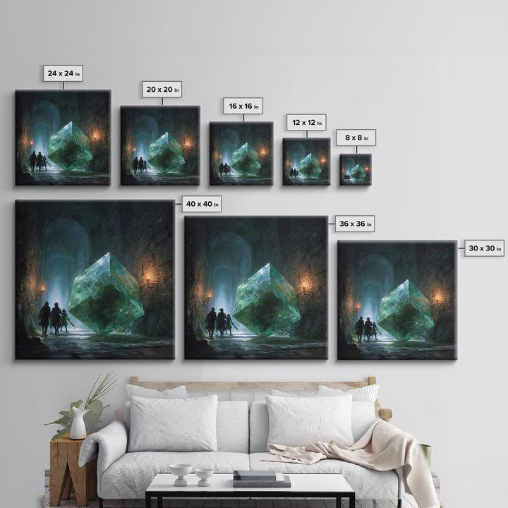 Glowing Green Crystal Dungeon Wall Art, Fantasy Adventure Canvas Print, Magical Library Decor, Dungeons And Dragons Gift