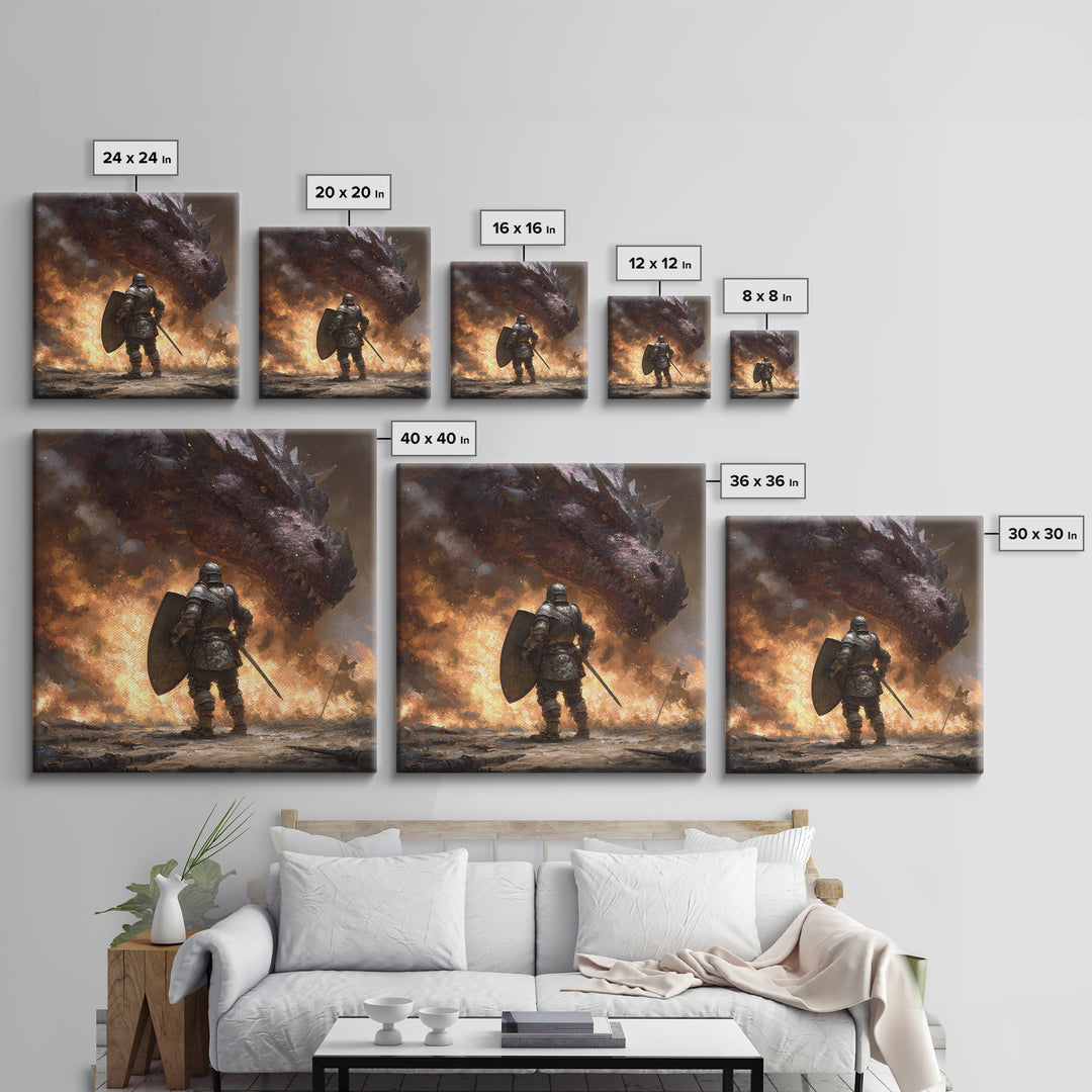Armored Knight Facing Dragon Framed Canvas Print, Dark Fantasy Wall Art, Medieval Fire Battle Decor, Gamer Gift For Him, Dragon Art