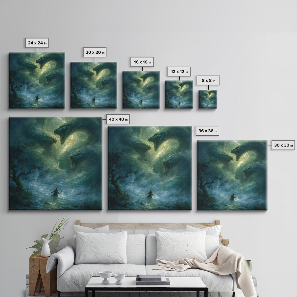 Three Headed Sea Serpent Storm Wall Art, Dark Fantasy Canvas Print, Mythical Creature Decor, Dragon Art Gift For Him, Epic Battle