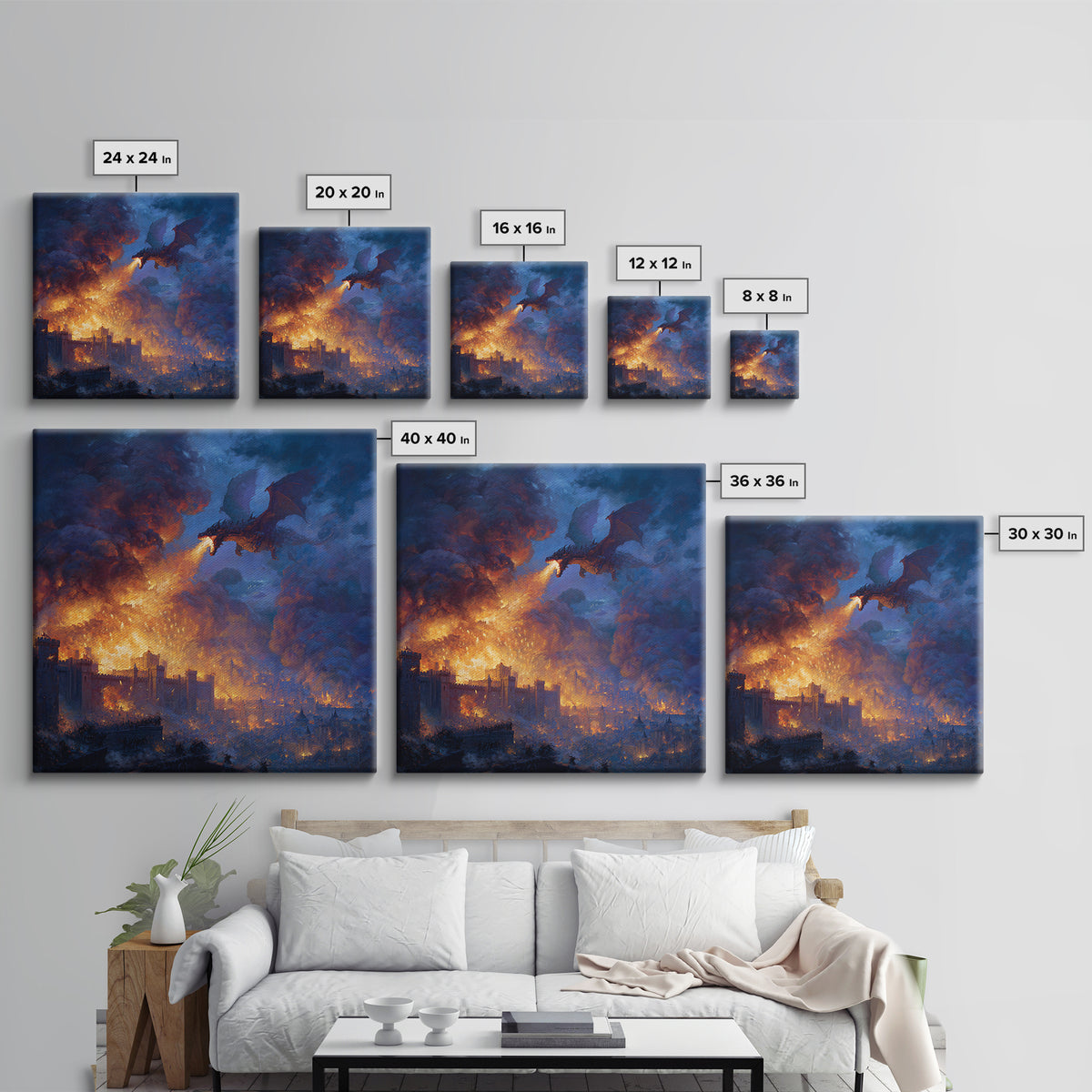 Fire Breathing Dragon Over Burning City Wall Art, Dark Fantasy Canvas Print, Medieval Castle Decor, Epic Gamer Gift For Him