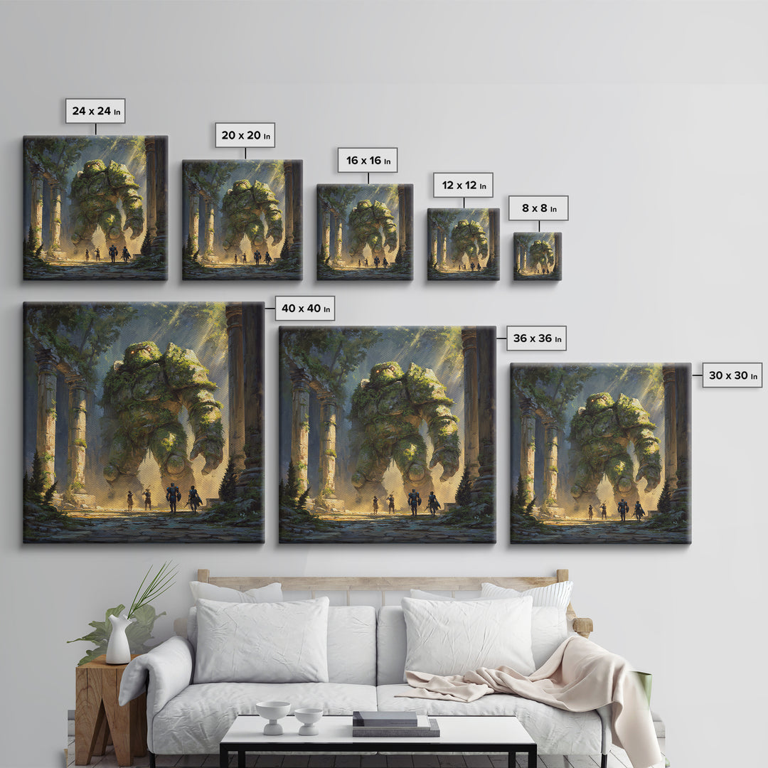 Moss Covered Forest Golem Ruins Wall Art, Fantasy Canvas Print, Whimsical Adventure Decor, Magical Woodland Artwork For Game Room