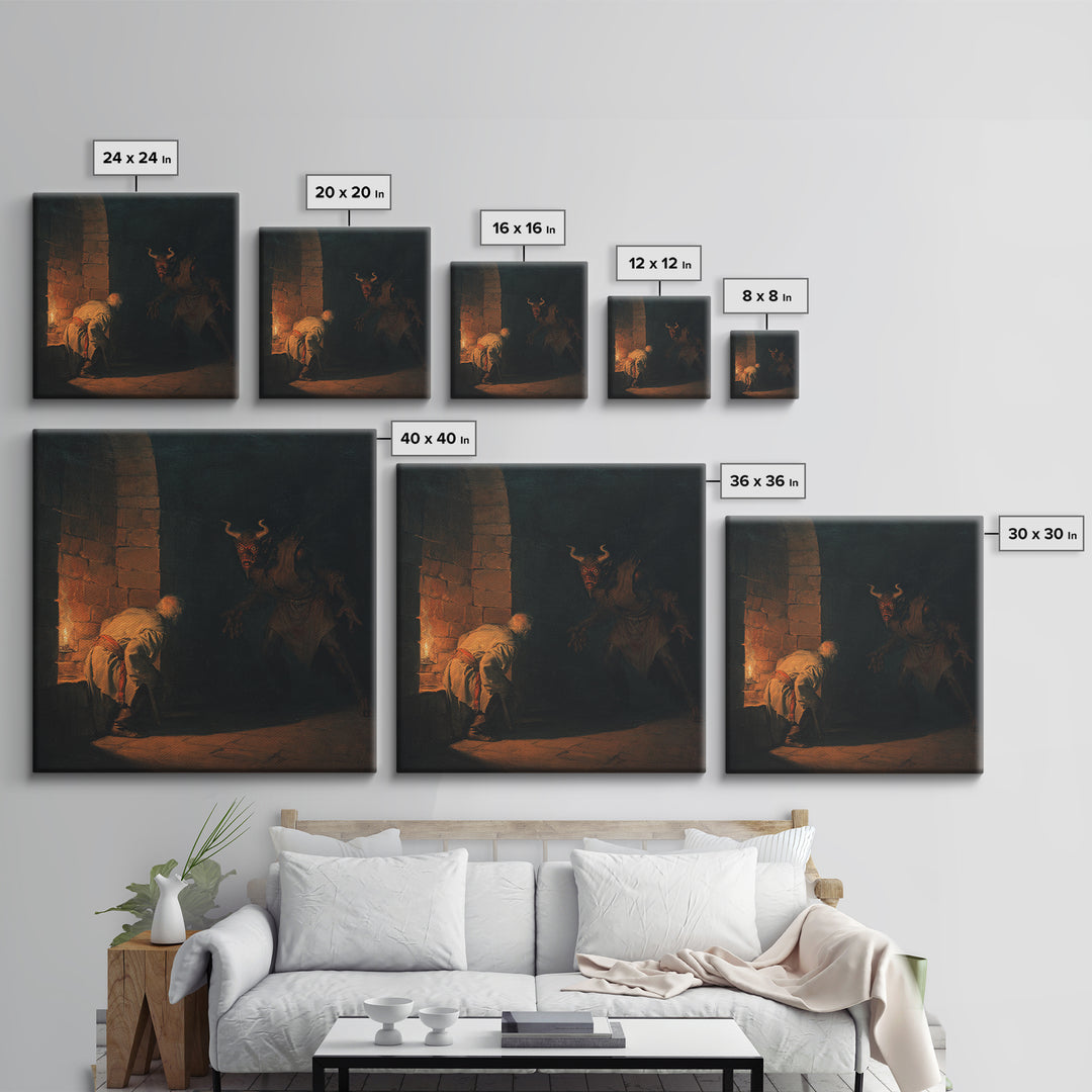 Candlelit Dungeon Demon Encounter Wall Art, Dark Fantasy Canvas Print, Gothic Horror Decor, Medieval Monster Artwork For Study