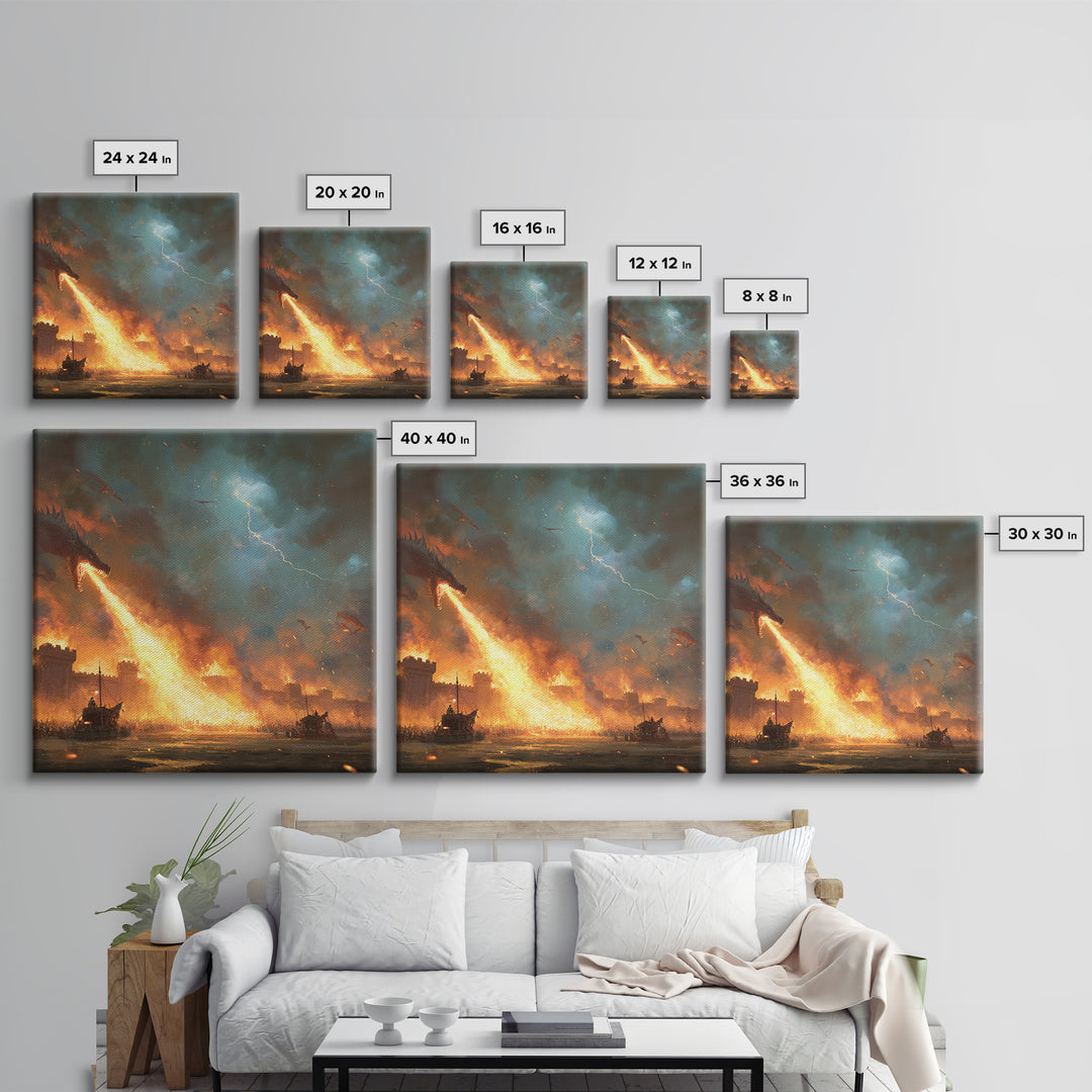 Fire Breathing Dragon Siege Wall Art, Epic Fantasy Canvas Print, Medieval Castle Battle Decor, Dramatic Game Room Artwork