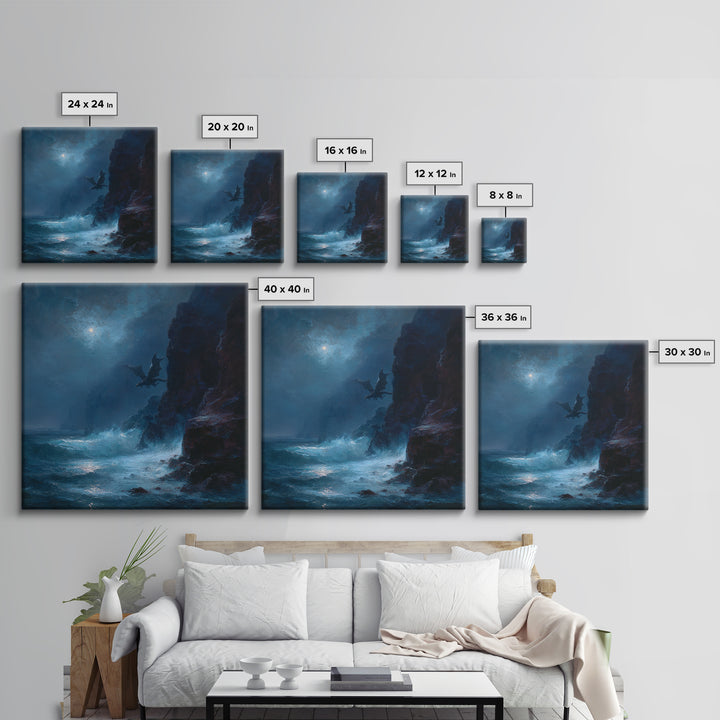 Moonlit Dragon Over Stormy Sea Cliffs Wall Art, Fantasy Seascape Canvas Print, Moody Coastal Decor, Gothic Ocean Artwork