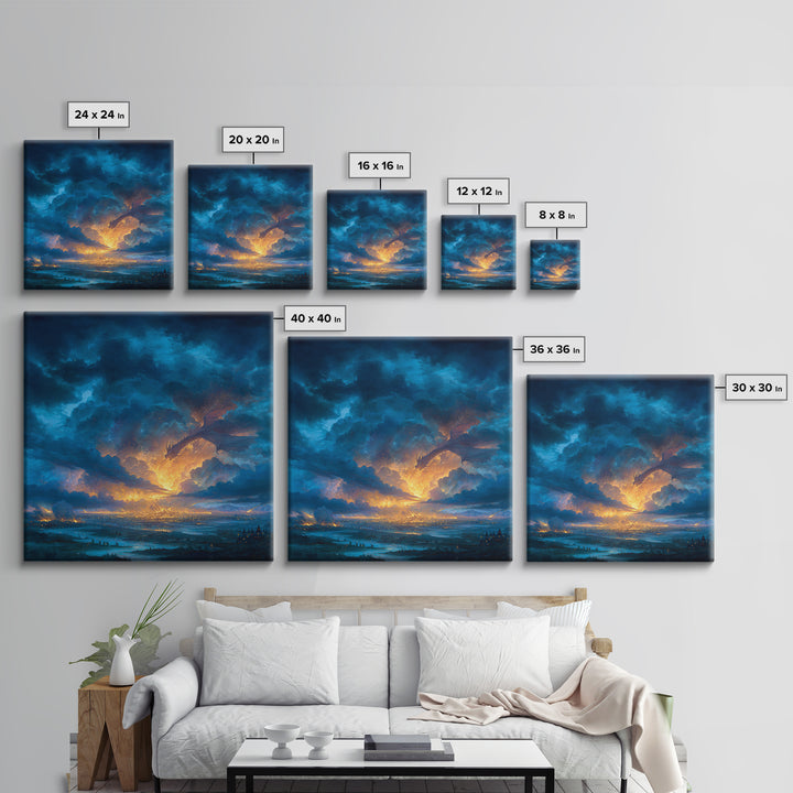 Storm Cloud Dragon Above Glowing Kingdom Wall Art, Fantasy Landscape Canvas Print, Dramatic Sky Decor, Epic Castle Artwork