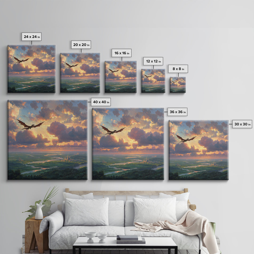 Soaring Dragon Sunset Valley Wall Art, Fantasy Landscape Canvas Print, Castle Kingdom Decor, Dreamy Adventure Artwork For Living Room