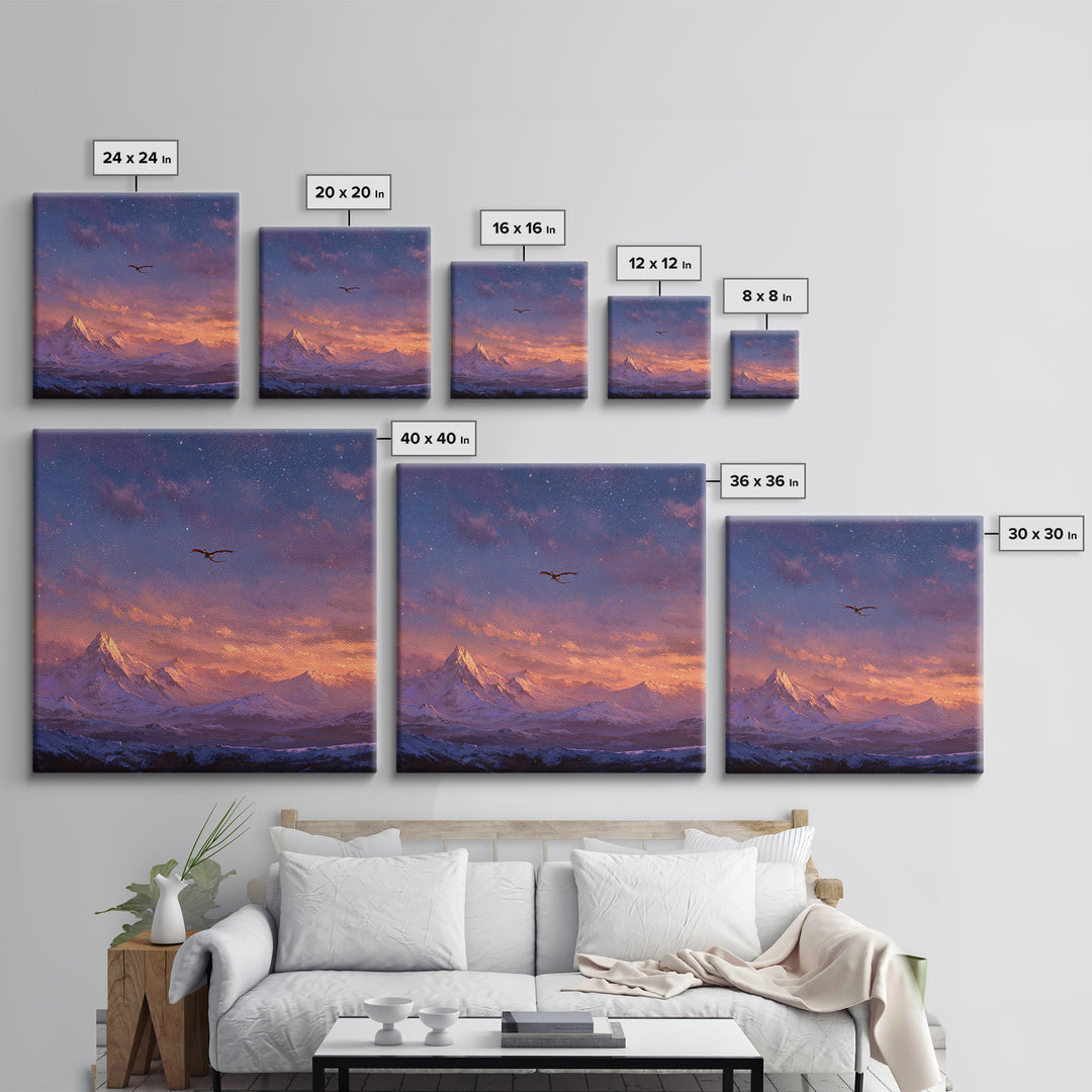 Starry Mountain Dragon Flight Wall Art, Fantasy Canvas Print, Snowy Alpine Landscape Decor, Celestial Adventure Artwork For Bedroom