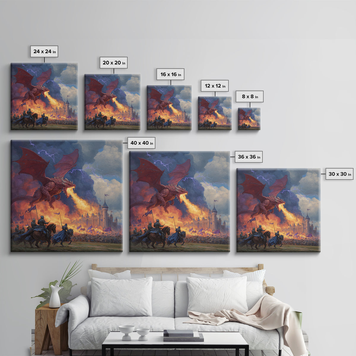 Red Dragon Castle Siege Wall Art, Epic Fantasy Framed Canvas Print, Medieval Battle Decor, Knight Adventure Game Room Artwork