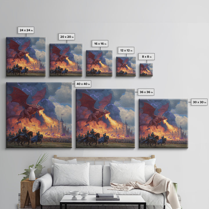 Red Dragon Castle Siege Wall Art, Epic Fantasy Framed Canvas Print, Medieval Battle Decor, Knight Adventure Game Room Artwork