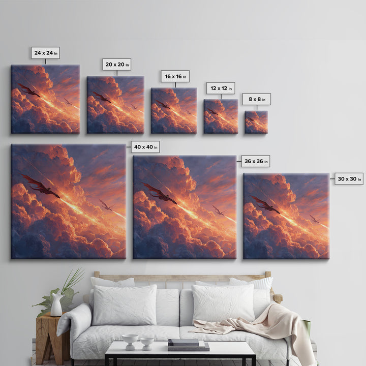 Dragons Blazing Through Sunset Clouds Wall Art, Fantasy Canvas Print, Fiery Sky Decor, Epic Mythical Adventure Artwork For Office