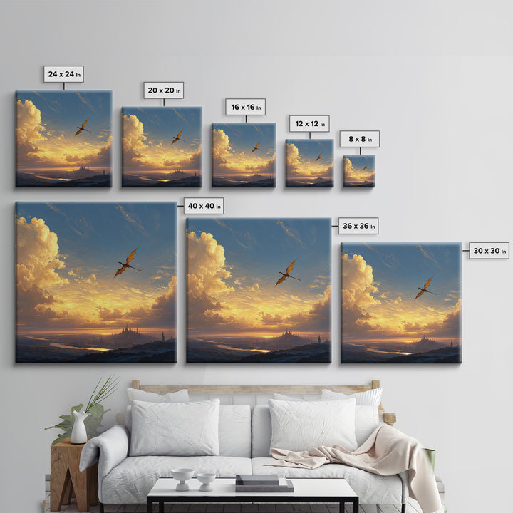 Lone Dragon Over Golden Horizon Wall Art, Fantasy Landscape Canvas Print, Sunset Castle Decor, Serene Coastal Artwork For Living Room