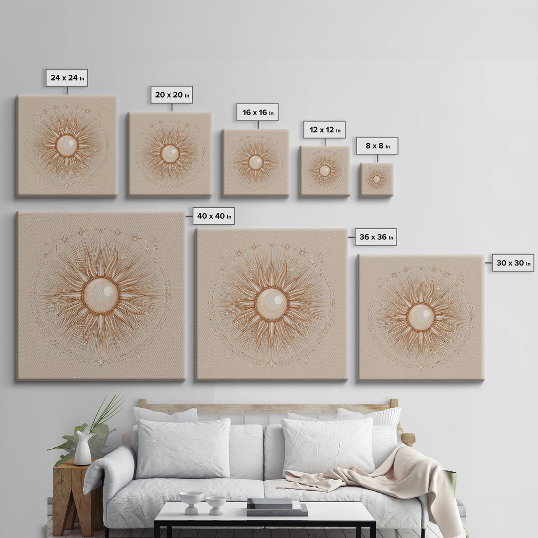 Celestial Sunburst Moon Line Art Framed Canvas Print, Neutral Boho Wall Art, Mystical Minimalist Bedroom Decor, Above Bed Decor