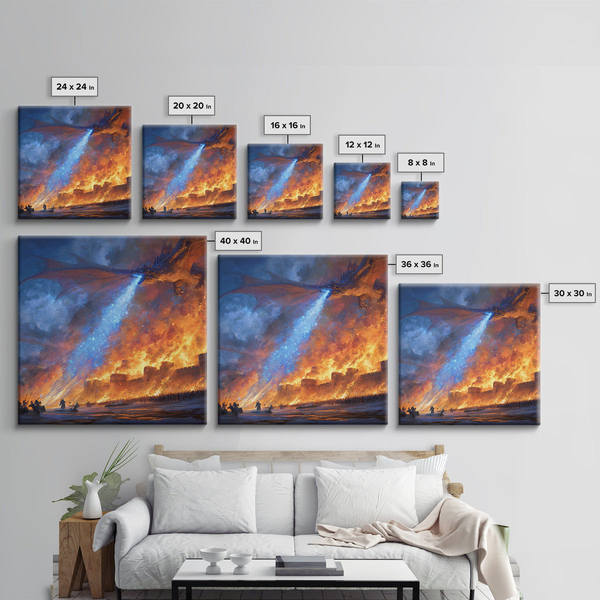 Blue Fire Dragon Siege Wall Art, Epic Fantasy Canvas Print, Medieval Castle Battle Decor, Large Gamer Room Wall Decor Gift For Him