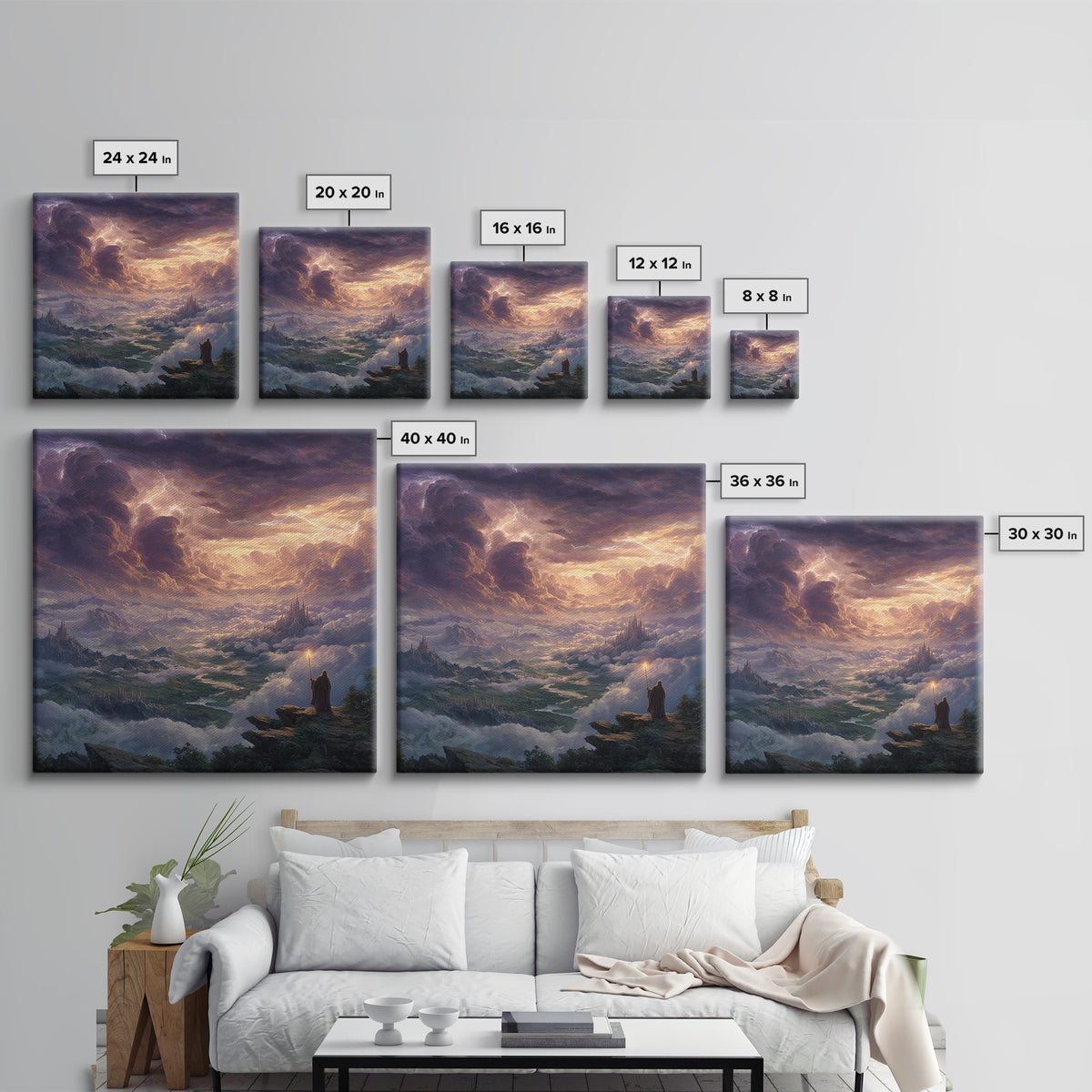Storm Wizard Over Cloud Kingdom Wall Art, Epic Fantasy Landscape Canvas Print, Dark Academia Office Decor, Large Gift For Him