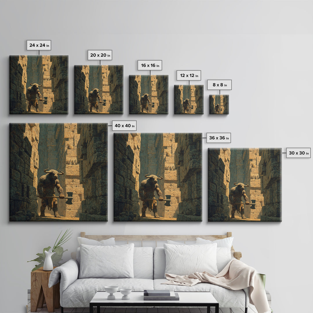 Minotaur In Ancient Stone Alley Wall Art, Mythological Fantasy Canvas Print, Rustic Medieval Decor, Man Cave Gift For Him