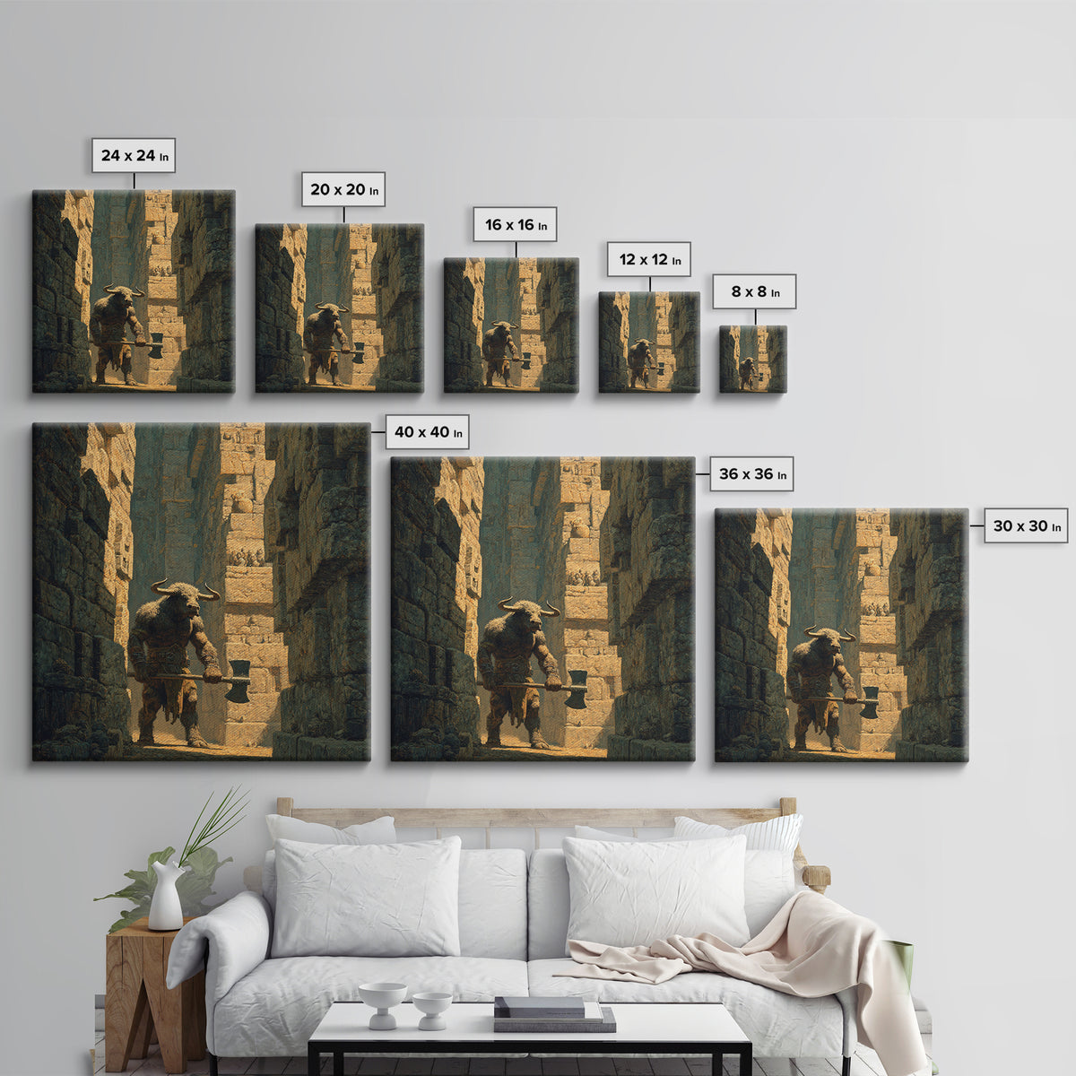 Minotaur In Ancient Stone Alley Wall Art, Mythological Fantasy Canvas Print, Rustic Medieval Decor, Man Cave Gift For Him
