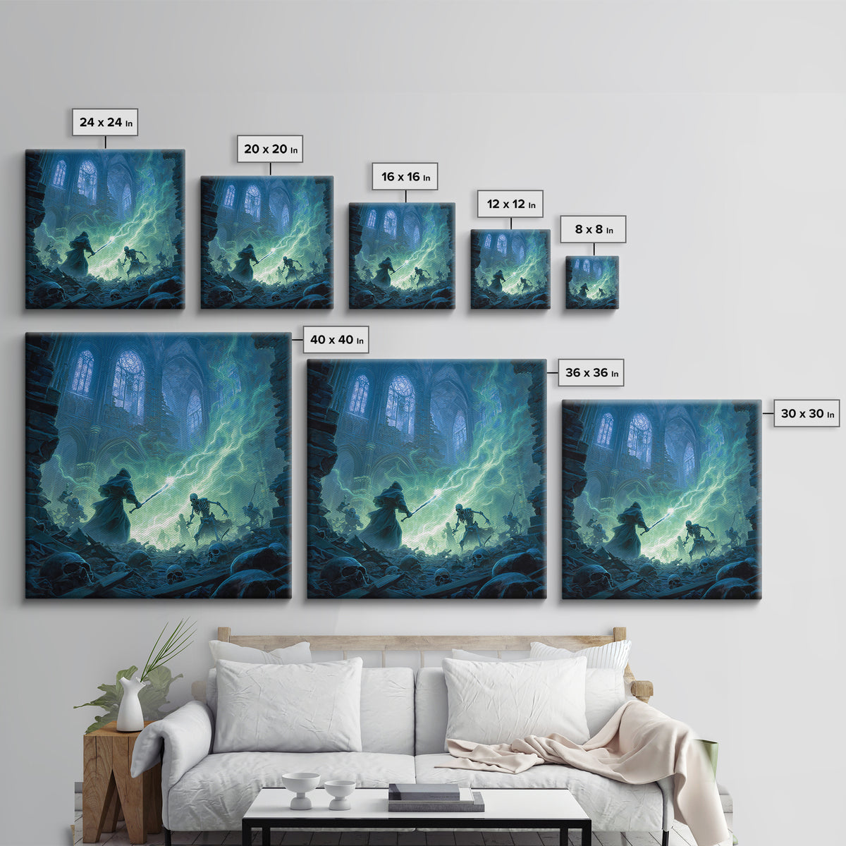Wizard Versus Skeleton Army Wall Art, Gothic Fantasy Canvas Print, Dark Cathedral Magic Decor, Spooky Halloween Gift For Him