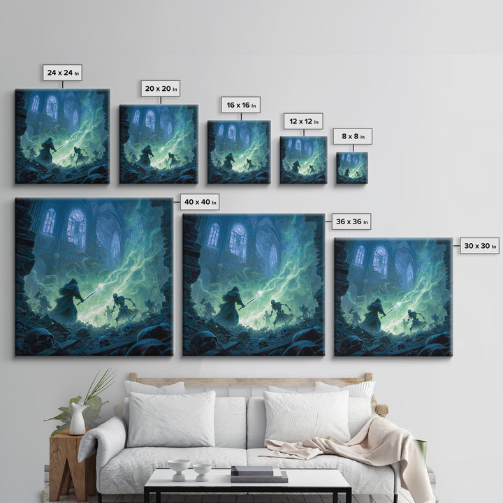 Wizard Versus Skeleton Army Wall Art, Gothic Fantasy Canvas Print, Dark Cathedral Magic Decor, Spooky Halloween Gift For Him