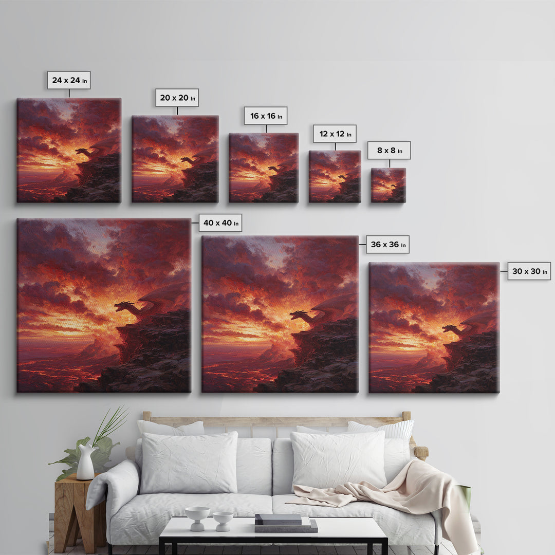 Red Dragon At Volcanic Sunset Wall Art, Dark Fantasy Canvas Print, Lava Landscape Decor, Large Moody Gamer Room Gift For Him
