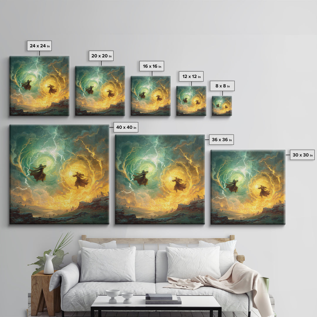 Dueling Mages With Lightning Portals Wall Art, Epic Fantasy Canvas Print, Magical Landscape Decor, Large Gamer Room Gift For Him