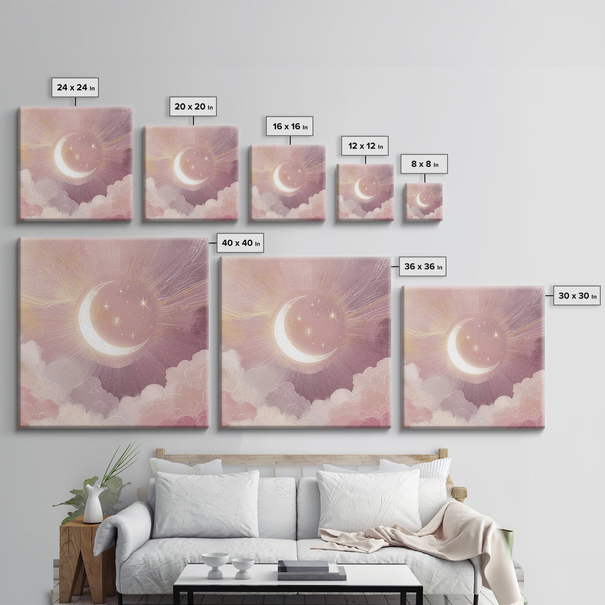 Crescent Moon In Pink Clouds With Stars Wall Art, Celestial Nursery Decor, Mystical Pastel Bedroom Print, Boho Moon Gift