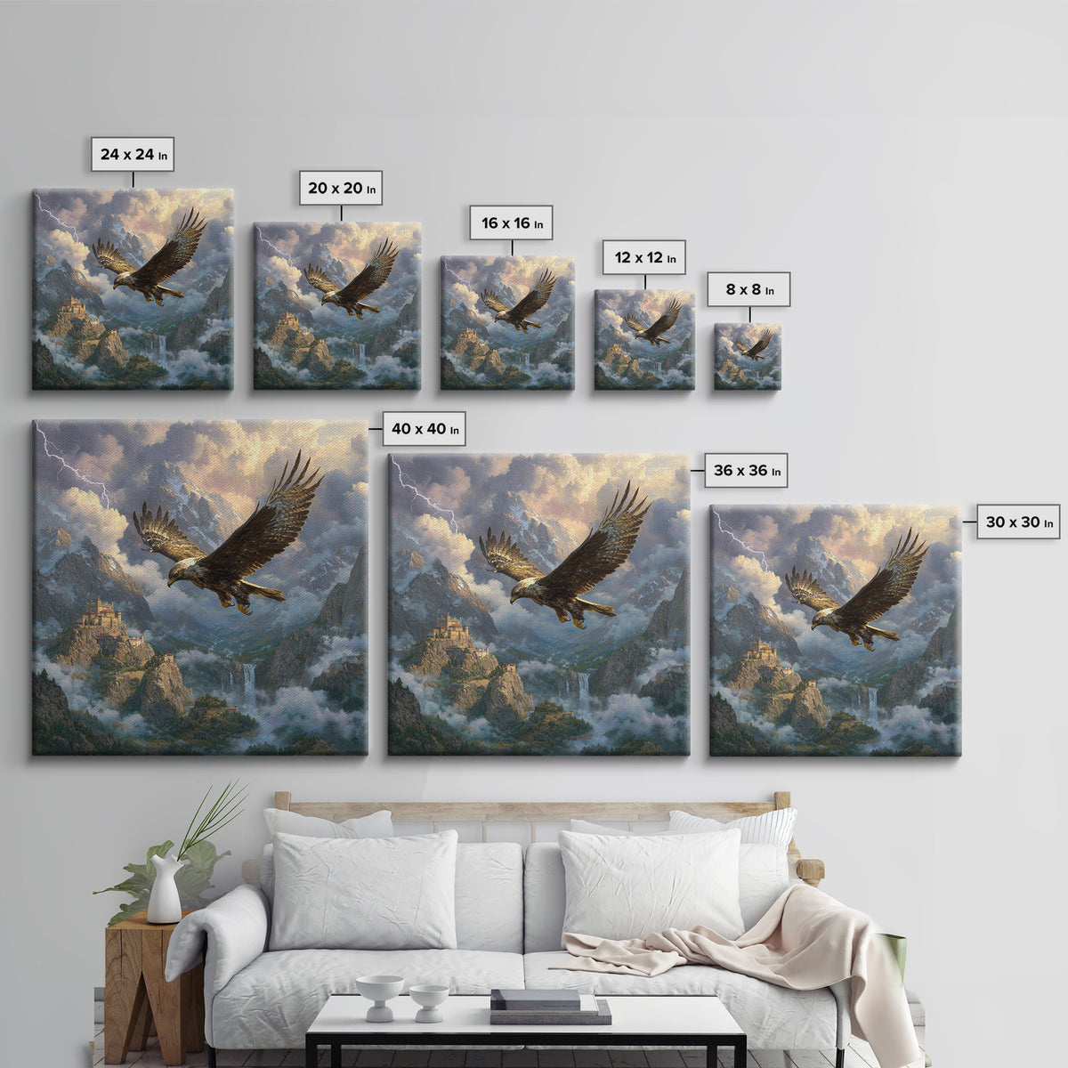 Soaring Eagle Over Stormy Mountain Castle Wall Art, Fantasy Landscape Canvas, Dramatic Wildlife Decor, Epic Gift For Him