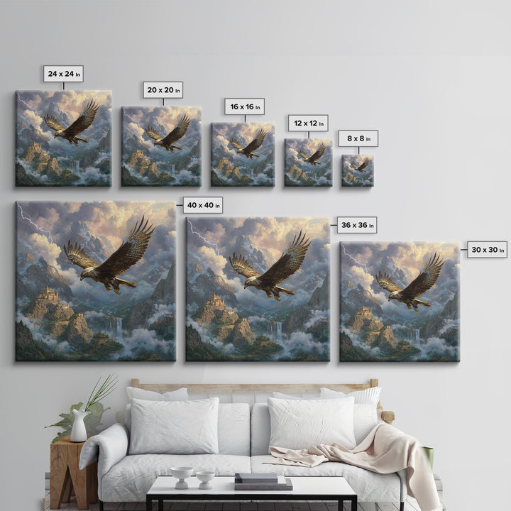 Soaring Eagle Over Stormy Mountain Castle Wall Art, Fantasy Landscape Canvas, Dramatic Wildlife Decor, Epic Gift For Him