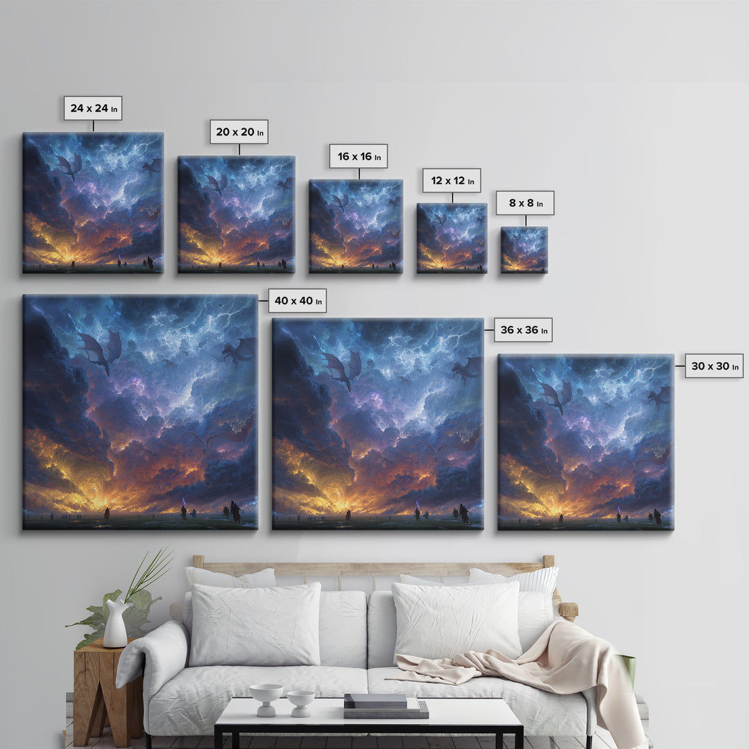 Lightning Dragons In Storm Clouds Canvas Print, Dark Fantasy Wall Art, Epic Gaming Room Decor, Dramatic Sky Gift For Him