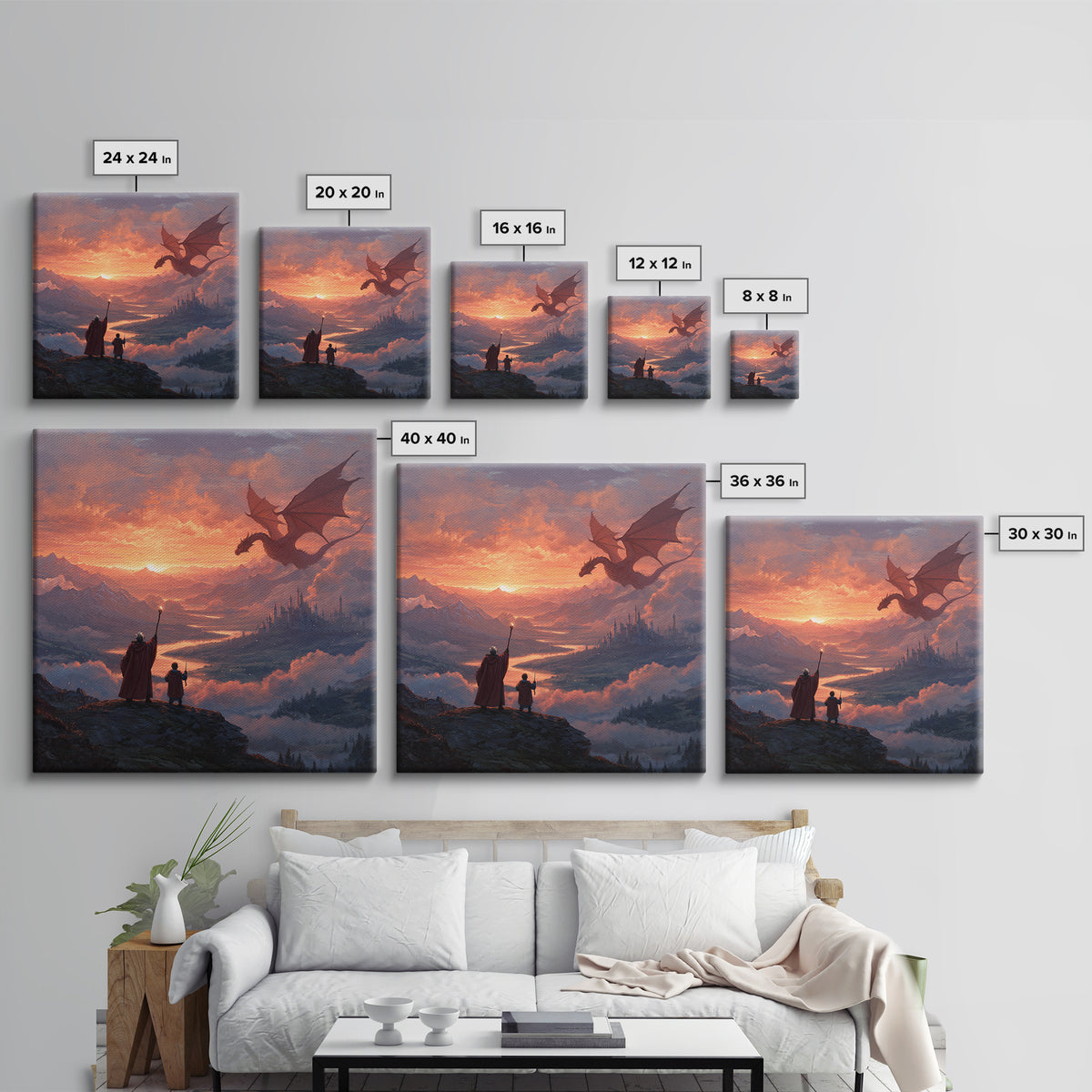 Sunset Dragon Over Mountain Valley Framed Canvas Print, Fantasy Castle Wall Art, Wizard Adventure Decor, Epic Gift For Him
