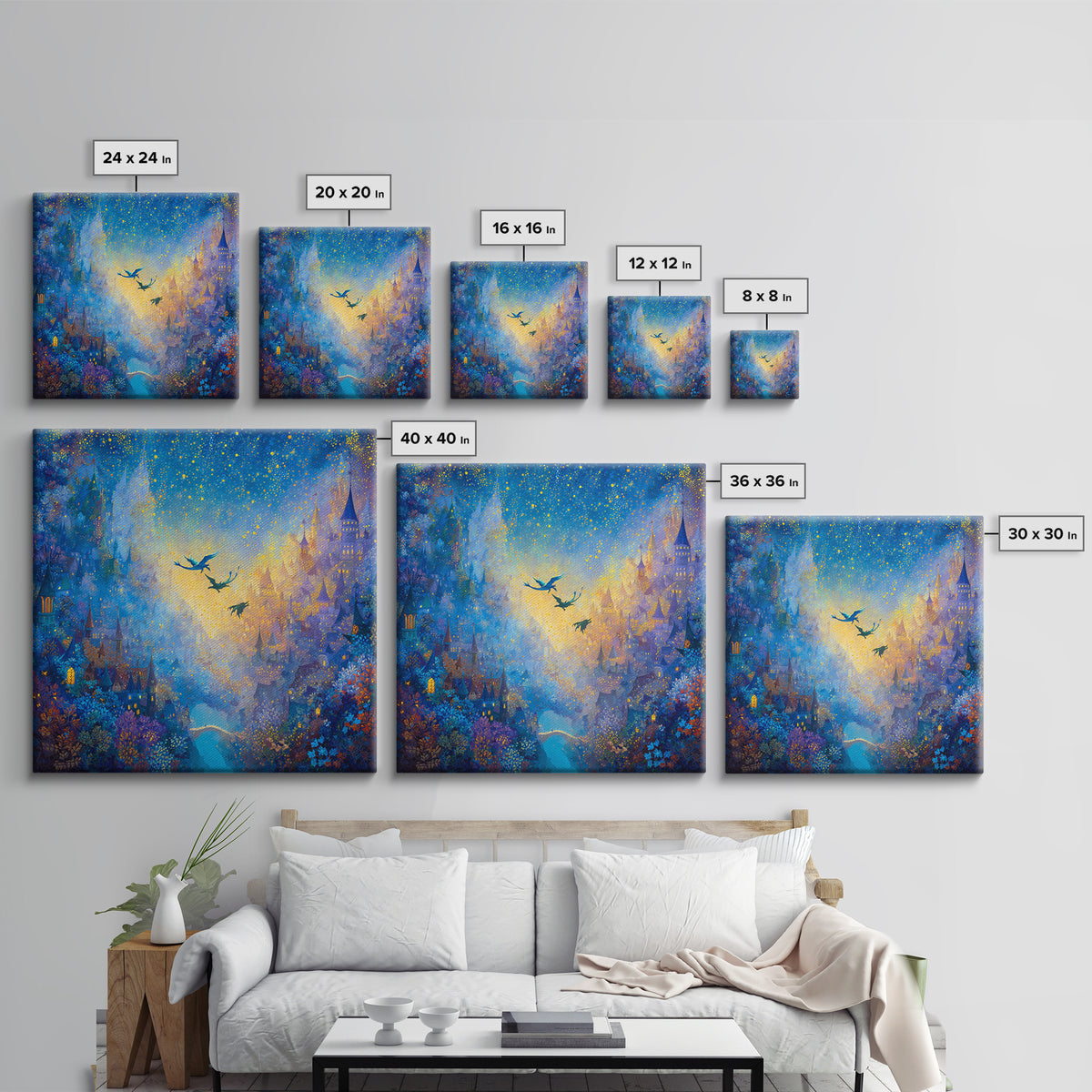 Blue Enchanted City With Golden Stars Canvas Print, Whimsical Fairy Tale Wall Art, Fantasy Castle Decor, Magical Gift For Her