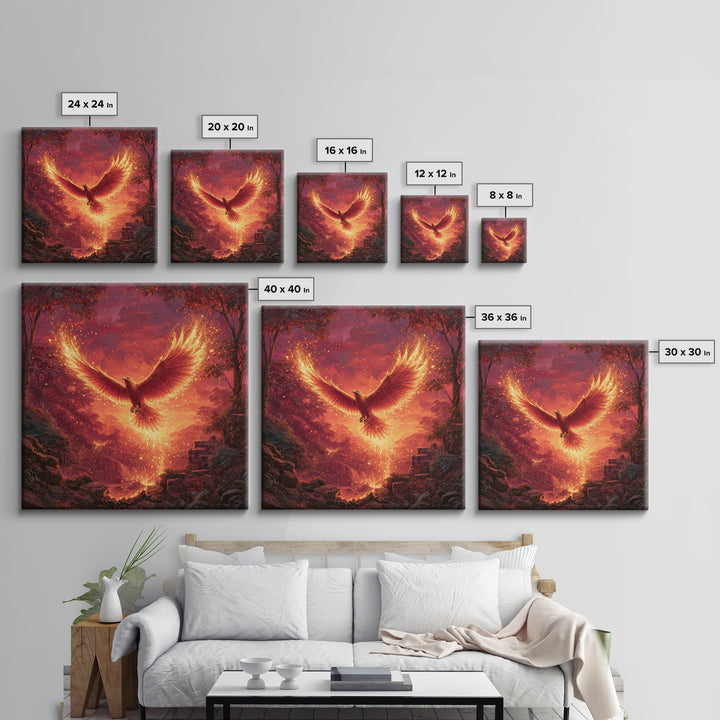 Fiery Phoenix Rising In Red Forest Canvas Print, Mythical Bird Wall Art, Epic Fantasy Wildlife Decor, Dramatic Gift For Her
