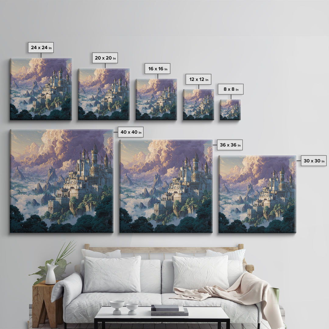 Majestic White Castle Above Clouded Mountains Wall Art, Fantasy Landscape Canvas Print, Fairytale Home Decor Gift For Her