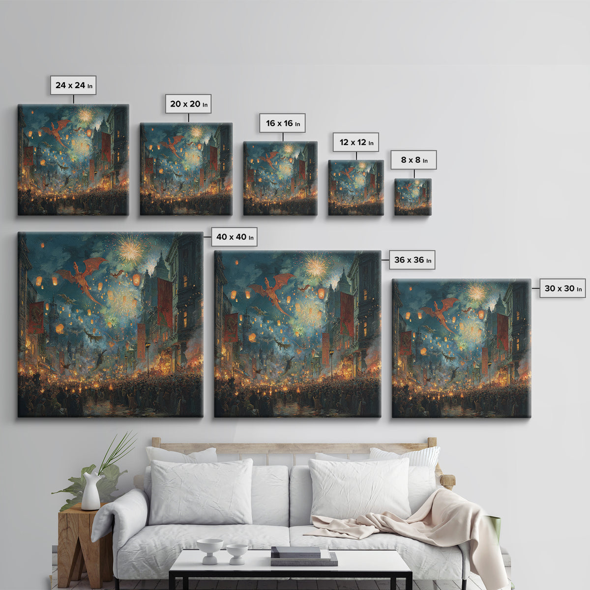 Dragon Festival Over Lantern Lit Medieval City Canvas Print, Fantasy Celebration Wall Art, Fireworks Decor, Epic Gift For Him