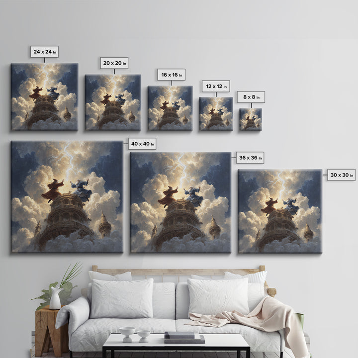 Wizards Dueling Atop Tower In Storm Clouds Wall Art, Dark Fantasy Canvas Print, Lightning Magic Decor, Epic Gift For Him
