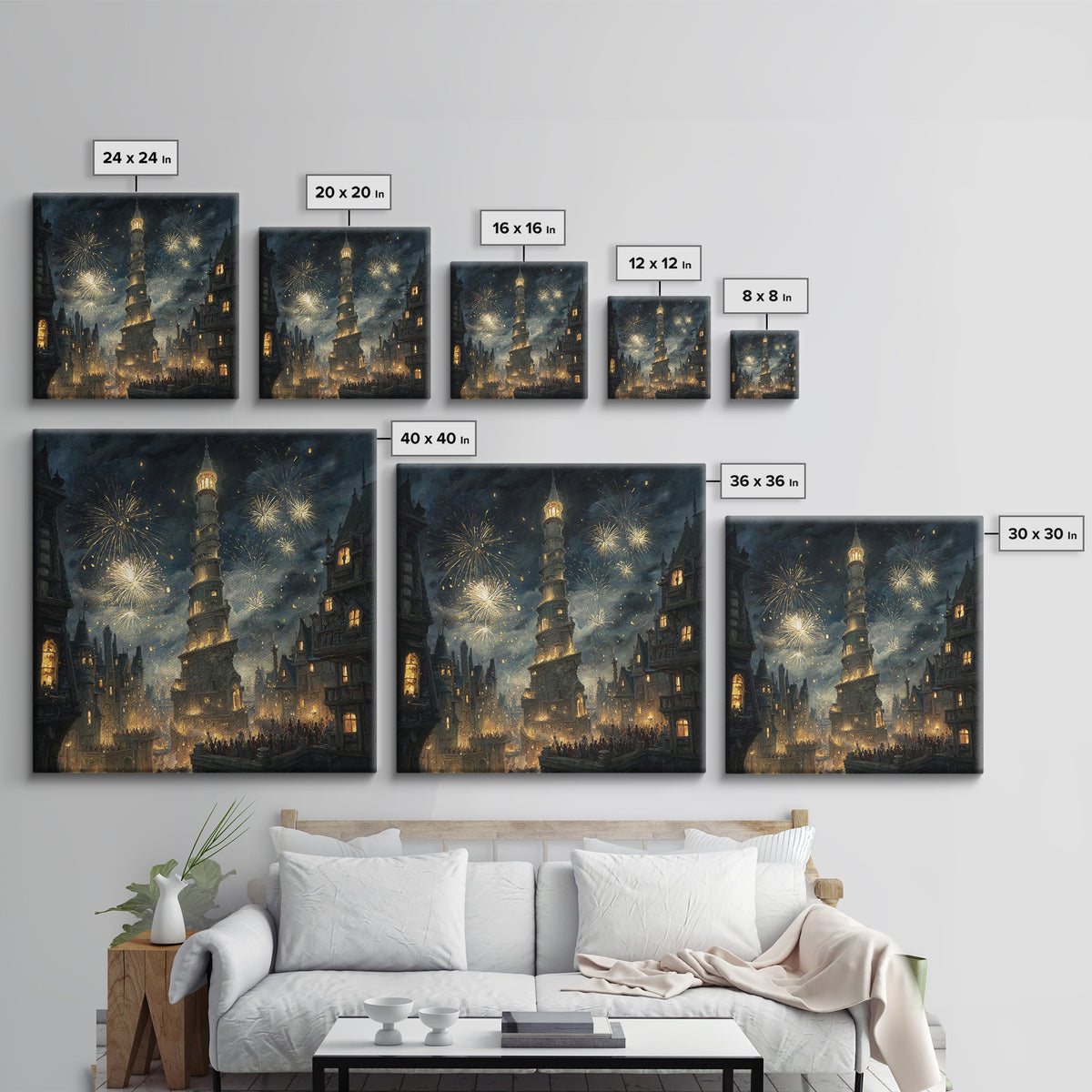 Fireworks Over Leaning Fantasy Tower Framed Canvas Print, Medieval Magical City Wall Art, Night Festival Decor, Gift For Her