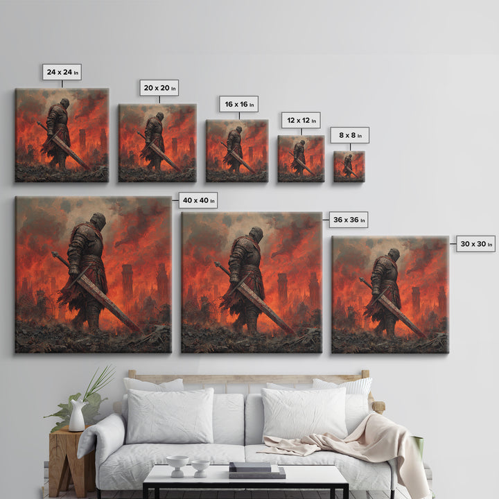 Armored Knight In Burning Battlefield Wall Art, Dark Fantasy Canvas Print, Medieval Warrior Decor, Gothic Game Room Art Print