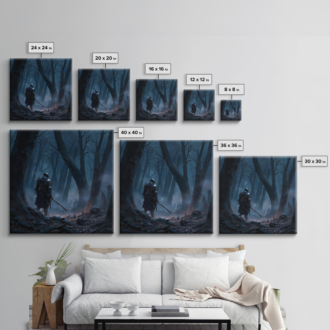 Lone Knight In Misty Blue Forest Wall Art, Dark Fantasy Canvas Print, Medieval Warrior Decor, Gothic Office Art Print Gift