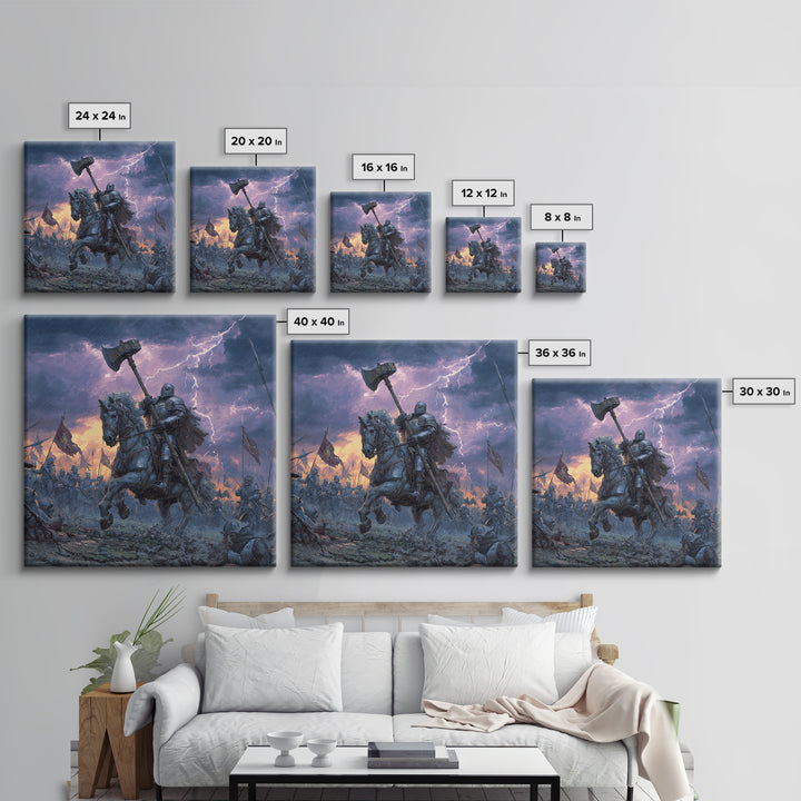 Mounted Knight With War Axe Wall Art, Medieval Battle Canvas Print, Stormy Fantasy Decor, Gothic Warrior Gift For Him Print