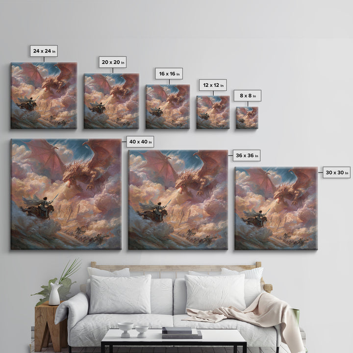 Hero Knight Facing Twin Dragons Wall Art, Epic Fantasy Canvas Print, Dragon Battle Decor, Medieval Adventure Gift For Him