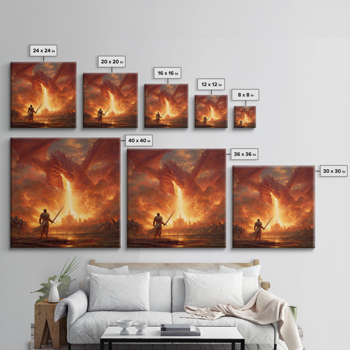 Giant Fire Dragon Over Castle Wall Art, Epic Fantasy Canvas Print, Large Medieval Battle Decor, Dragon Lover Gift For Him