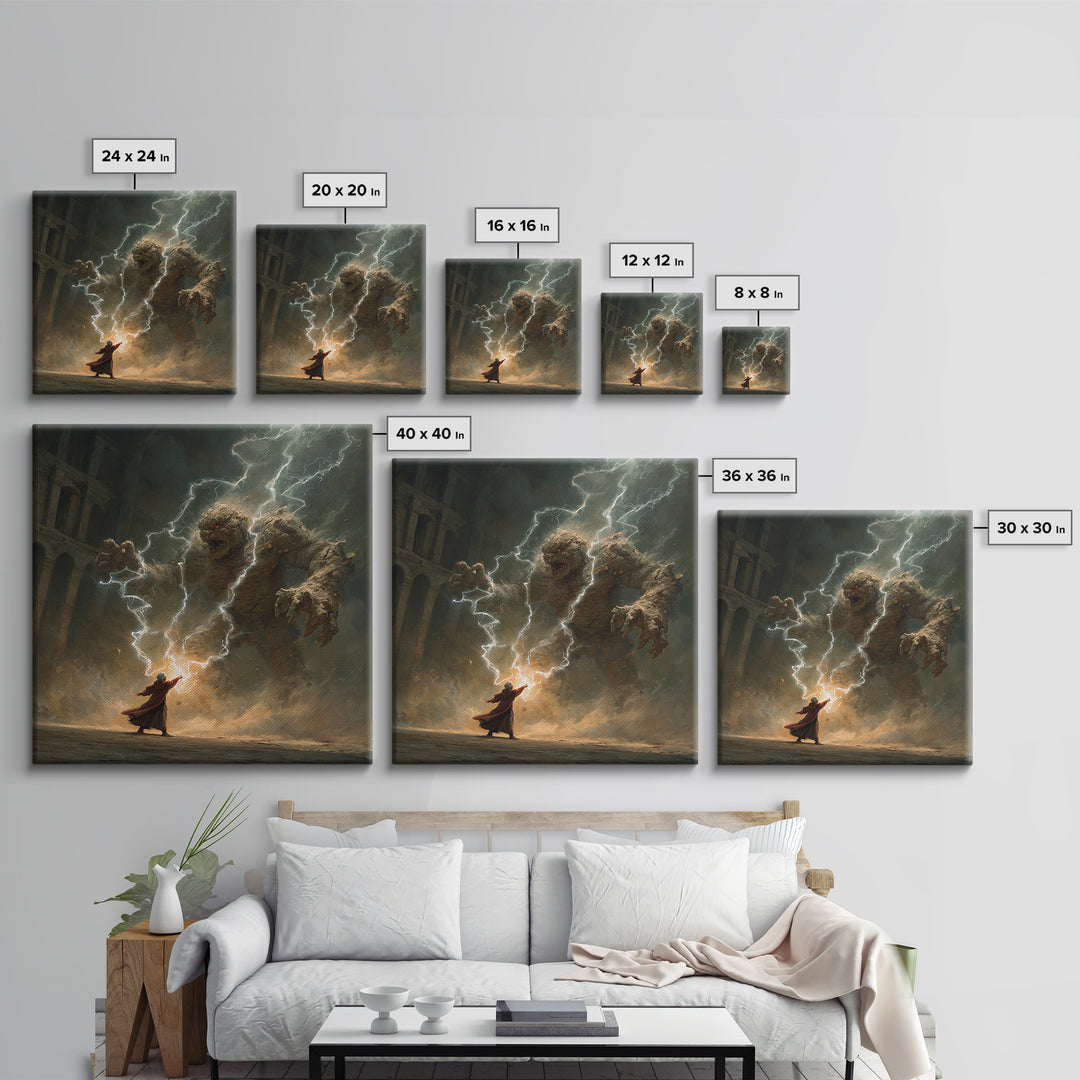 Wizard Battling Lightning Stone Golem Wall Art, Dark Fantasy Canvas Print, Magic Ruins Decor, Epic Sorcerer Art Gift Print