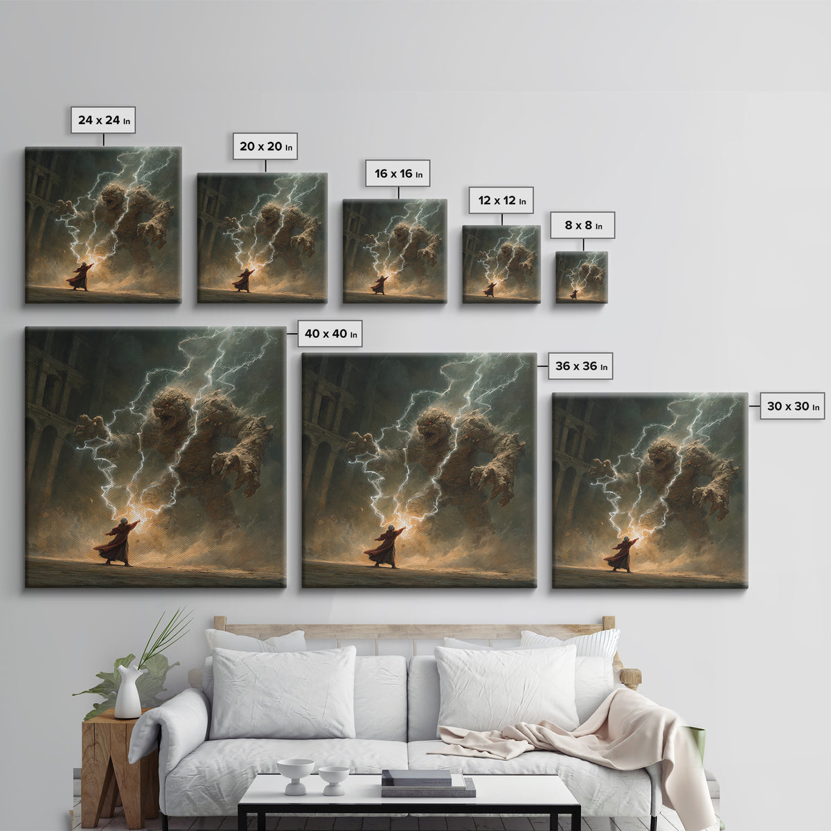 Wizard Battling Lightning Stone Golem Wall Art, Dark Fantasy Canvas Print, Magic Ruins Decor, Epic Sorcerer Art Gift Print