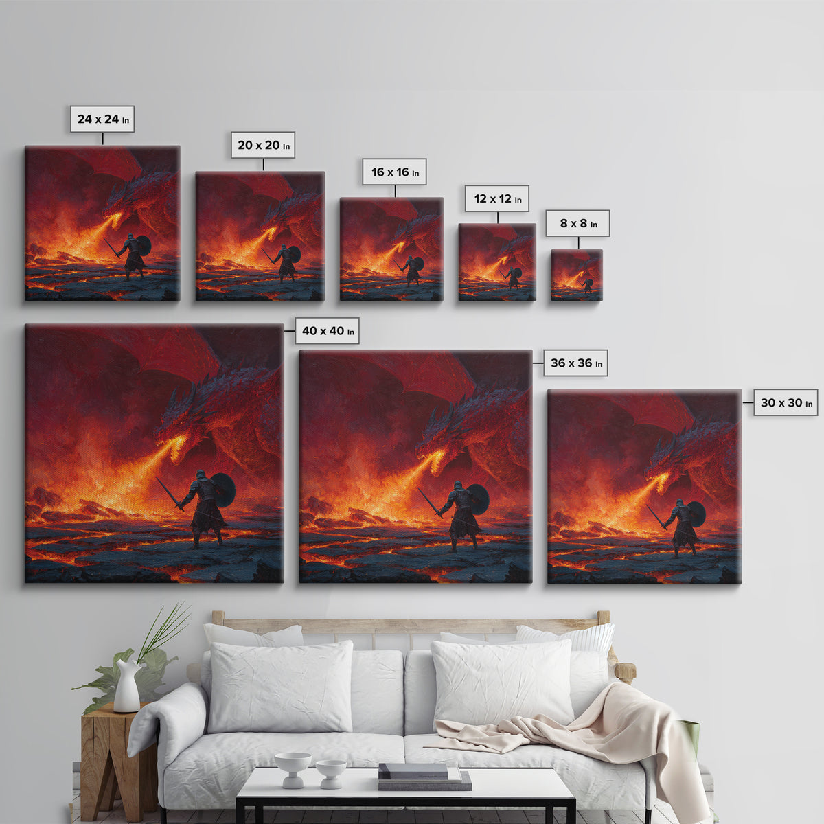Red Dragon Breathing Fire At Knight Wall Art, Dark Fantasy Canvas Print, Lava Battle Decor, Gothic Medieval Art Gift Print