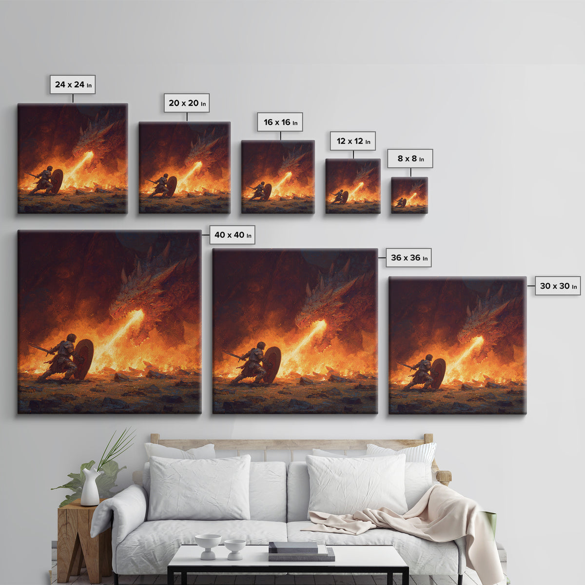 Knight Shielding From Dragon Fire Wall Art, Fantasy Canvas Print, Medieval Battle Decor, Gothic Warrior Gift For Him Print