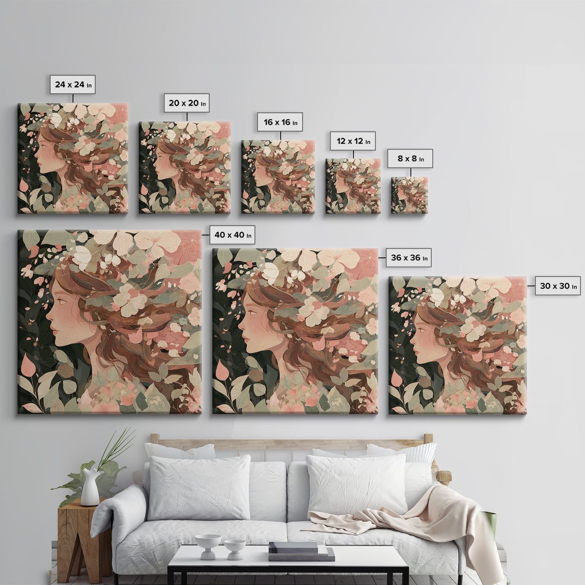 Botanical Woman Profile With Flowing Hair And Cream Flowers Wall Art, Art Nouveau Floral Print, Feminine Boho Living Room Decor Gift