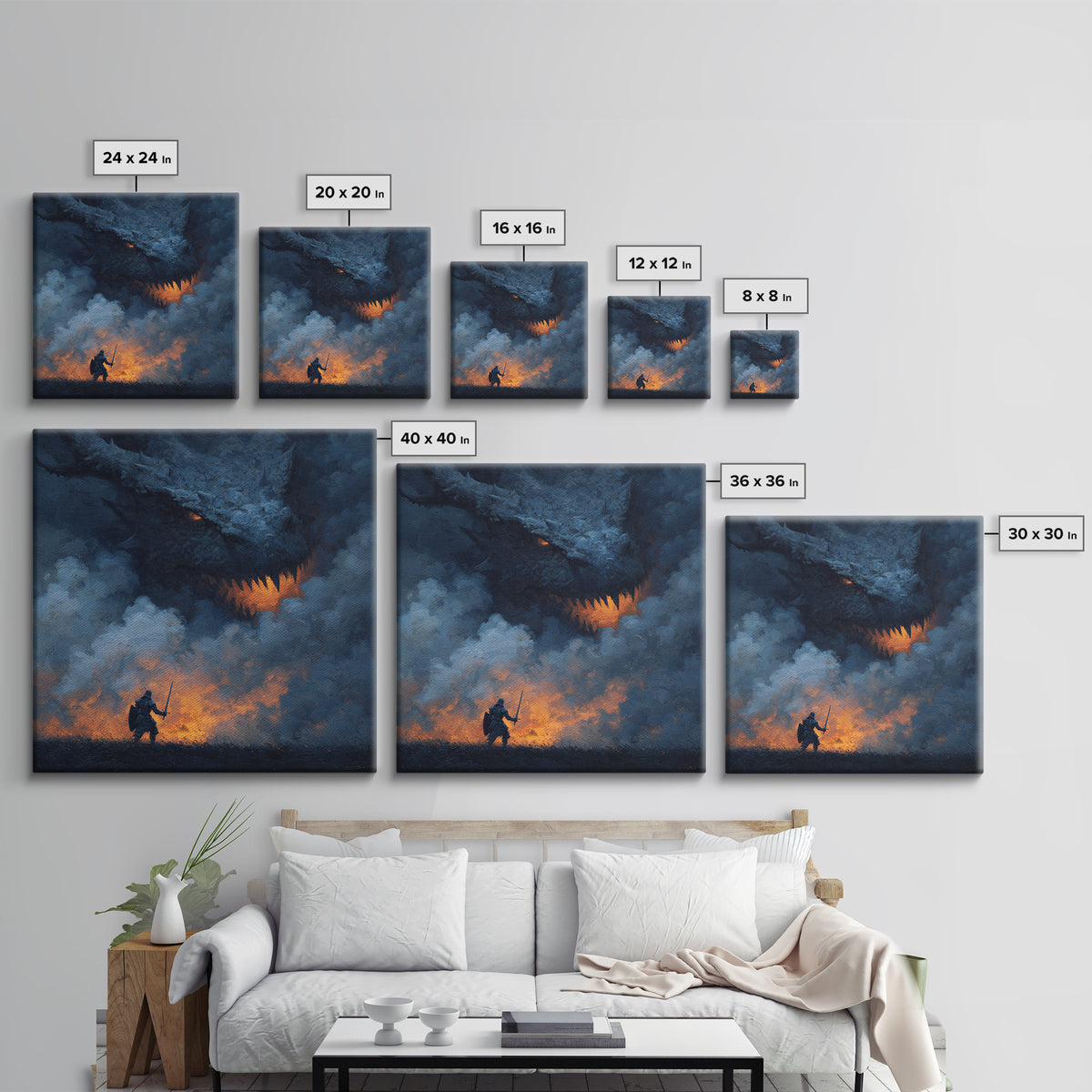Dragon Looming Over Lone Knight In Smoke, Dark Fantasy Wall Art, Medieval Warrior Canvas Print, Gothic Game Room Decor Gift