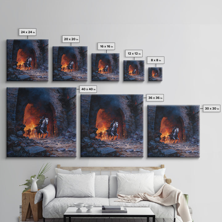 Mounted Knight Escaping Burning Castle Gate, Dark Fantasy Wall Art, Medieval Battle Canvas Print, Gothic Living Room Decor