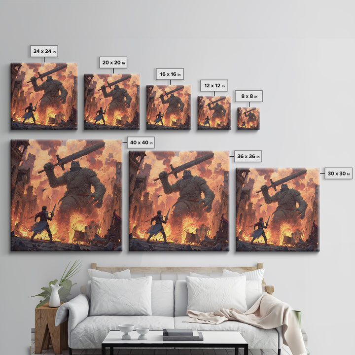 Giant Stone Warrior In Blazing City, Epic Fantasy Wall Art, Medieval Hero Canvas Print, Dramatic Game Room Decor Gift For Him