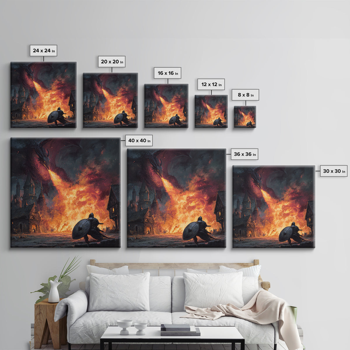 Fire Breathing Dragon Above Shielded Knight, Dark Fantasy Wall Art, Medieval Village Canvas Print, Gothic Castle Decor Gift
