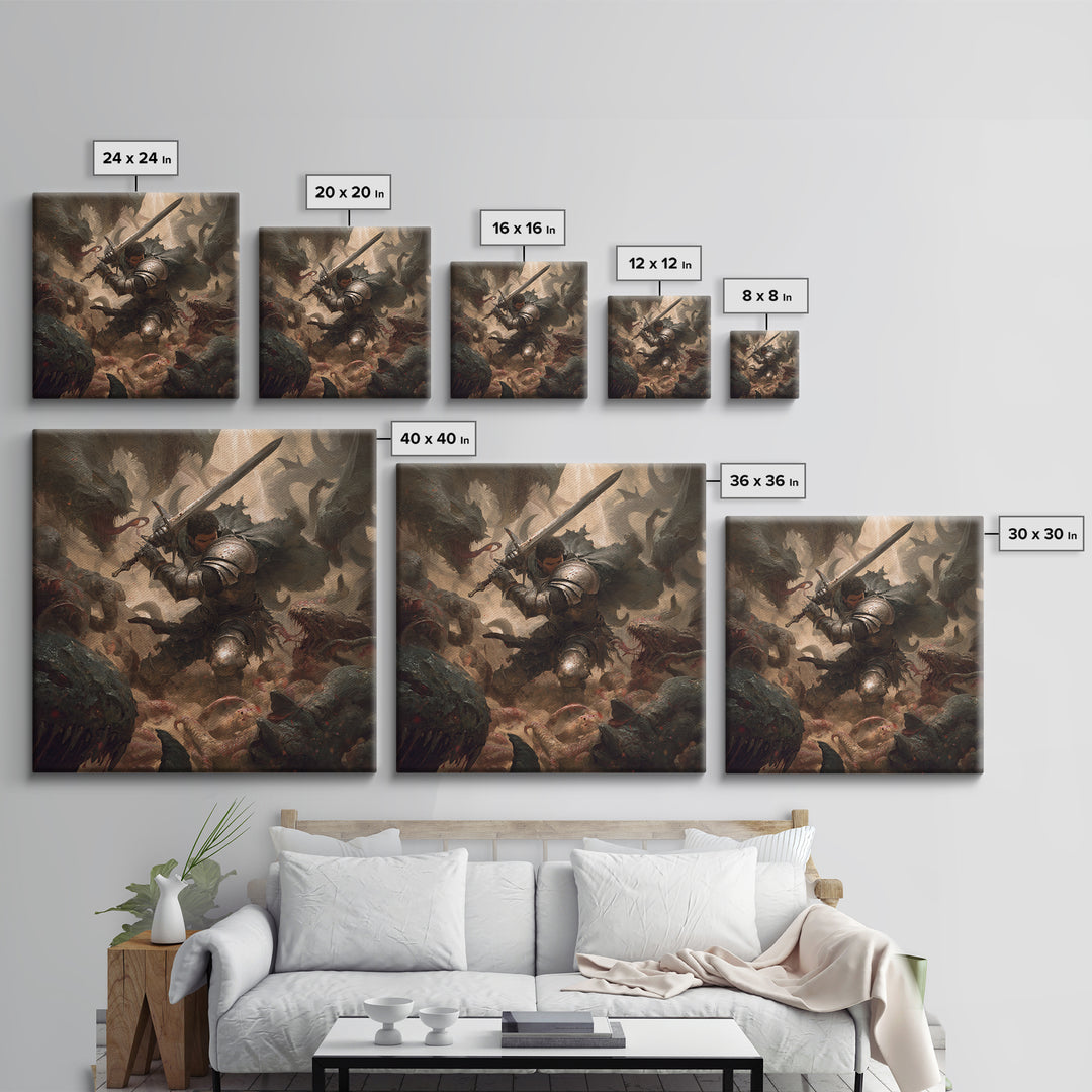 Armored Warrior Battling Monsters With Sword, Dark Fantasy Wall Art, Medieval Knight Canvas Print, Gothic Dungeon Decor Gift